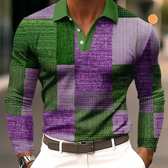 Clearance OUKU Men's Color Block Polo Long Sleeve Polo Shirts Lapel Business Casual Athleisure Daily Wear 3D Print Buttons Spring Fall Winter Blue Brown Green