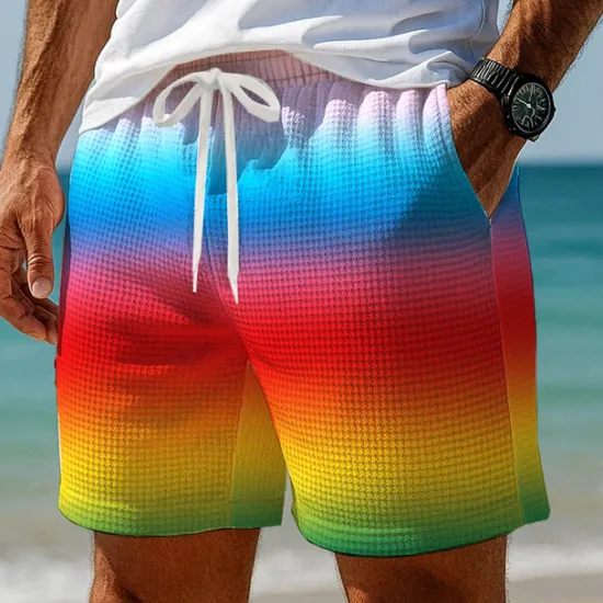 Discount OUKU Men's Color Block Rainbow Waffle Shorts Sweat Shorts Casual Shorts Mid Waist Fashion Casual Vacation Jogging Workout Elastic Drawstring Waist Shorts with Pockets Designer Clothing Apparel