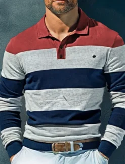 Discount OUKU Men's Color Block Rugby Polo Shirts Long Sleeve Polo Shirts Lapel 3D Print Modern Comfortable Work Casual Sports Holiday Patchwork Buttons Spring Autumn / Fall Red Khaki