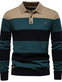 Discount OUKU Men's Color Block Rugby Polo Shirts Long Sleeve Polo Shirts Lapel 3D Print Modern Comfortable Work Casual Sports Holiday Patchwork Buttons Spring Autumn / Fall Red Khaki