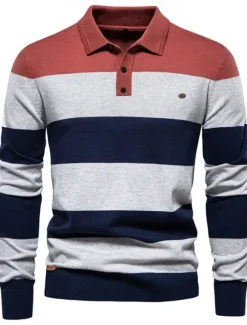 Discount OUKU Men's Color Block Rugby Polo Shirts Long Sleeve Polo Shirts Lapel 3D Print Modern Comfortable Work Casual Sports Holiday Patchwork Buttons Spring Autumn / Fall Red Khaki