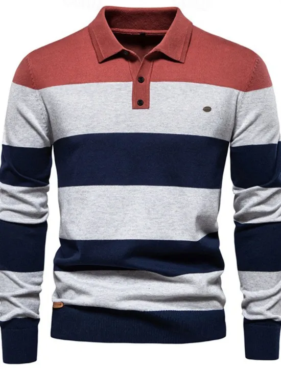 Discount OUKU Men's Color Block Rugby Polo Shirts Long Sleeve Polo Shirts Lapel 3D Print Modern Comfortable Work Casual Sports Holiday Patchwork Buttons Spring Autumn / Fall Red Khaki