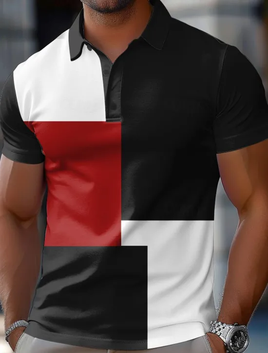 Hot OUKU Men's Color Block Rugby Polo Short Sleeve Polo Shirts Collared Shirts Casual School Outdoor Athleisure Daily Wear 3D Print Summer Spring Fall Red Blue Brown