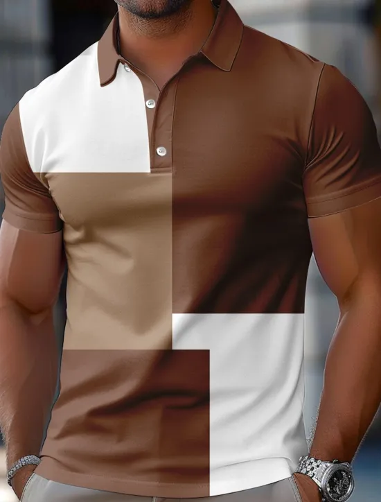 Hot OUKU Men's Color Block Rugby Polo Short Sleeve Polo Shirts Collared Shirts Casual School Outdoor Athleisure Daily Wear 3D Print Summer Spring Fall Red Blue Brown