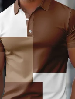 Hot OUKU Men's Color Block Rugby Polo Short Sleeve Polo Shirts Collared Shirts Casual School Outdoor Athleisure Daily Wear 3D Print Summer Spring Fall Red Blue Brown