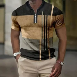 Sale OUKU Men's Color Block Striped Graphic Prints Geometry Polo Shirt Zip Polo Golf Shirt Short Sleeve Shirt Turndown Outdoor Street Lake blue Yellow Blue Green Gray Zipper Print Clothing Apparel Fashion