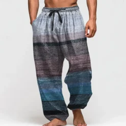 New OUKU Men's Color Block Striped Trousers Baggy Pants Casual Pants Mid Waist Retro Vintage Outdoor Vacation Elastic Drawstring Waist Linen-Like Pants with Pockets Summer Spring Fall 3D Print Blue Purple