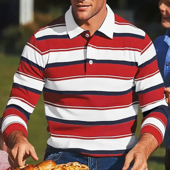 Sale OUKU Men's Color Block Stripes Rugby Polo Shirts Long Sleeve Polo Shirts Lapel Classic Fashion 3D Print Modern Casual Sports Stripe Fall Winter Yellow Red Purple