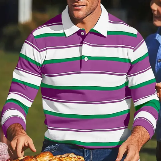 Sale OUKU Men's Color Block Stripes Rugby Polo Shirts Long Sleeve Polo Shirts Lapel Classic Fashion 3D Print Modern Casual Sports Stripe Fall Winter Yellow Red Purple