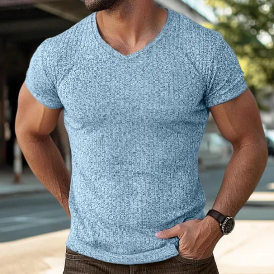 OUKU Men's Color Block Tee Short Sleeve Shirt Ribbed Knit tee Tee Top Short Sleeve V Neck Summer Spring & Summer Solid Color Pit Strip Sports Daily V Neck Outdoor Casual Black White Blue Top Tee for Men
