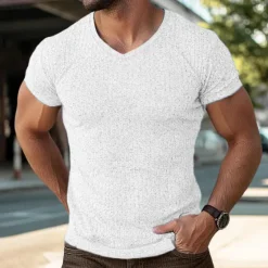 OUKU Men's Color Block Tee Short Sleeve Shirt Ribbed Knit tee Tee Top Short Sleeve V Neck Summer Spring & Summer Solid Color Pit Strip Sports Daily V Neck Outdoor Casual Black White Blue Top Tee for Men