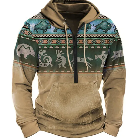 Outlet OUKU Men's Color Block Tribal Graphic Prints Hoodie Hoodies Sweatshirt Daily Ethnic Long Sleeve Half Zip Holiday Going out Streetwear Bronze Dark Green Print Spring & Fall Designer