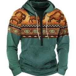 Outlet OUKU Men's Color Block Tribal Graphic Prints Hoodie Hoodies Sweatshirt Daily Ethnic Long Sleeve Half Zip Holiday Going out Streetwear Bronze Dark Green Print Spring & Fall Designer