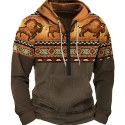 Outlet OUKU Men's Color Block Tribal Graphic Prints Hoodie Hoodies Sweatshirt Daily Ethnic Long Sleeve Half Zip Holiday Going out Streetwear Bronze Dark Green Print Spring & Fall Designer