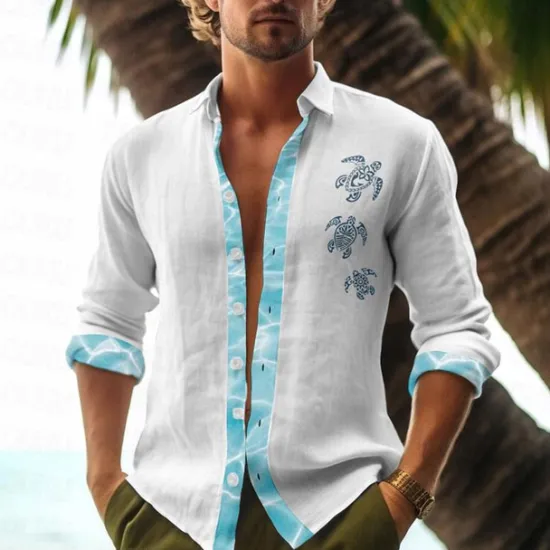 OUKU Men's Color Block Tropical Turtle Summer Hawaiian Shirt Aloha Shirt Printed Shirts Long Sleeve Shirt Turndown Hawaiian Daily Wear Going out Weekend Black White Pink S M L