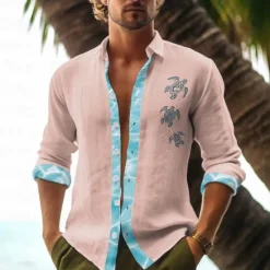 OUKU Men's Color Block Tropical Turtle Summer Hawaiian Shirt Aloha Shirt Printed Shirts Long Sleeve Shirt Turndown Hawaiian Daily Wear Going out Weekend Black White Pink S M L