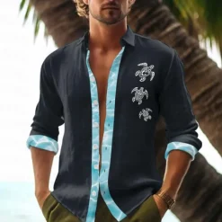 OUKU Men's Color Block Tropical Turtle Summer Hawaiian Shirt Aloha Shirt Printed Shirts Long Sleeve Shirt Turndown Hawaiian Daily Wear Going out Weekend Black White Pink S M L