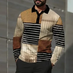 Online OUKU Men's Color Block Waffle Polo Shirts Long Sleeve Polo Shirts Collared Shirts Business Casual Business Wear to work Daily Wear Buttons Spring Fall Winter Black Yellow Red