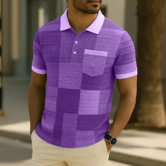 Best OUKU Men's Color Block Waffle Polo Shirts Short Sleeve Polo Shirts Collared Shirts Business Casual Business Athleisure Daily Wear Buttons Pocket 3D Print Summer Black Blue Purple