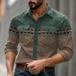 Sale OUKU Men's Color Block Western Shirt Button Up Shirt Cowboy Shirt Long Sleeve Vintage Western Dailywear Spring Fall Winter Turndown Collared Shirts 3D Print Brown