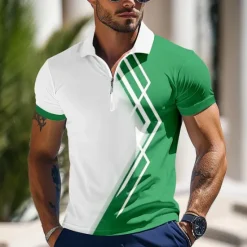 Clearance OUKU Men's Color Block Zip Polo Shirts Short Sleeve Polo Shirts Collared Shirts Business Casual Outdoor Athleisure 3D Print Summer Lake blue Green Dark Blue