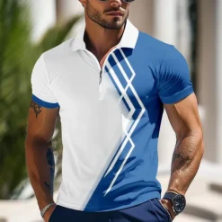 Clearance OUKU Men's Color Block Zip Polo Shirts Short Sleeve Polo Shirts Collared Shirts Business Casual Outdoor Athleisure 3D Print Summer Lake blue Green Dark Blue