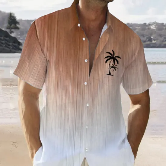 Best OUKU Men's Color Gradient Palm Tree Tropical Plants Summer Hawaiian Shirt Aloha Shirt Short Sleeve Shirt Vacation Hawaiian Outdoor Vacation Hawaiian Red Blue Brown S M L
