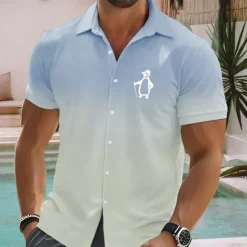 OUKU Men's Color Gradient Penguin Shirt Summer Hawaiian Shirt Button Up Shirt Short Sleeve Hawaiian Vacation Holiday Beach Wear Summer Spring Turndown 3D Print Collared Shirts Pink Blue Green