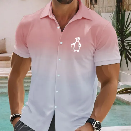 OUKU Men's Color Gradient Penguin Shirt Summer Hawaiian Shirt Button Up Shirt Short Sleeve Hawaiian Vacation Holiday Beach Wear Summer Spring Turndown 3D Print Collared Shirts Pink Blue Green