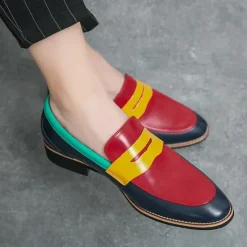 Online OUKU Men's Colorful Faux Leather Loafers - Red, Green, and Yellow Design with Modern Slip-On Style for Casual and Formal Occasions