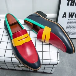 Online OUKU Men's Colorful Faux Leather Loafers - Red, Green, and Yellow Design with Modern Slip-On Style for Casual and Formal Occasions