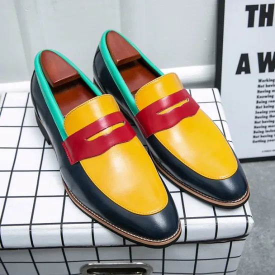 Online OUKU Men's Colorful Faux Leather Loafers - Red, Green, and Yellow Design with Modern Slip-On Style for Casual and Formal Occasions