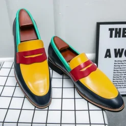 Online OUKU Men's Colorful Faux Leather Loafers - Red, Green, and Yellow Design with Modern Slip-On Style for Casual and Formal Occasions