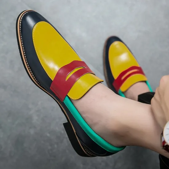 Online OUKU Men's Colorful Faux Leather Loafers - Red, Green, and Yellow Design with Modern Slip-On Style for Casual and Formal Occasions