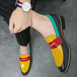 Online OUKU Men's Colorful Faux Leather Loafers - Red, Green, and Yellow Design with Modern Slip-On Style for Casual and Formal Occasions