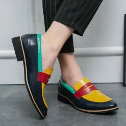 Online OUKU Men's Colorful Faux Leather Loafers - Red, Green, and Yellow Design with Modern Slip-On Style for Casual and Formal Occasions