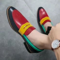 Online OUKU Men's Colorful Faux Leather Loafers - Red, Green, and Yellow Design with Modern Slip-On Style for Casual and Formal Occasions