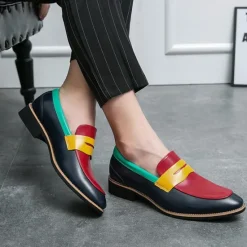 Online OUKU Men's Colorful Faux Leather Loafers - Red, Green, and Yellow Design with Modern Slip-On Style for Casual and Formal Occasions