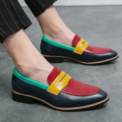 Online OUKU Men's Colorful Faux Leather Loafers - Red, Green, and Yellow Design with Modern Slip-On Style for Casual and Formal Occasions