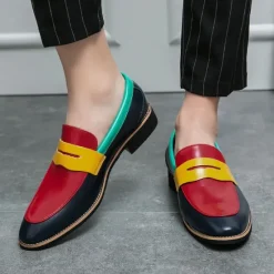 Online OUKU Men's Colorful Faux Leather Loafers - Red, Green, and Yellow Design with Modern Slip-On Style for Casual and Formal Occasions