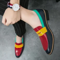 Online OUKU Men's Colorful Faux Leather Loafers - Red, Green, and Yellow Design with Modern Slip-On Style for Casual and Formal Occasions
