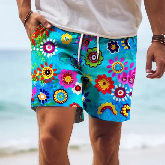 Sale OUKU Men's Colorful Flower / Floral Swim Trunks Swim Shorts Board Shorts Mid Waist Hawaiian Casual Holiday Beach Drawstring with Mesh lining Elastic Waist Designer Clothing Apparel