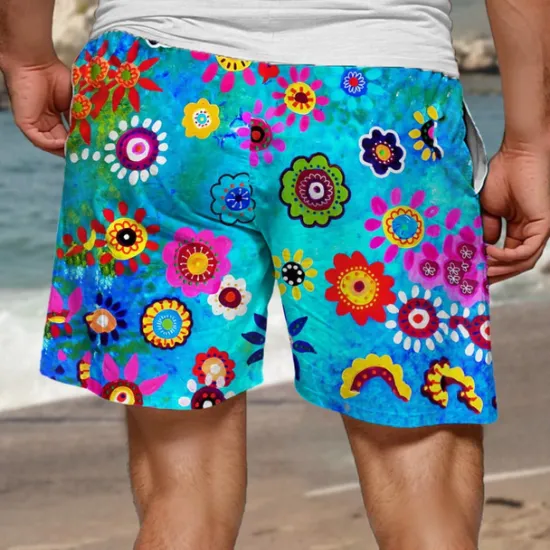 Sale OUKU Men's Colorful Flower / Floral Swim Trunks Swim Shorts Board Shorts Mid Waist Hawaiian Casual Holiday Beach Drawstring with Mesh lining Elastic Waist Designer Clothing Apparel