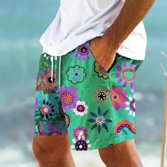 Sale OUKU Men's Colorful Flower / Floral Swim Trunks Swim Shorts Board Shorts Mid Waist Hawaiian Casual Holiday Beach Drawstring with Mesh lining Elastic Waist Designer Clothing Apparel