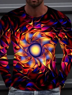 Online OUKU Men's Colorful Graphic Circle T Shirt Tee Long Sleeve T shirt 3D Print Round Neck Shirt Fashion Designer Casual Casual Daily Weekend Spring & Fall Cross-Seasons Clothing Apparel Normal S M L XL Red