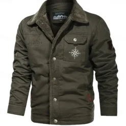 Online OUKU Men's Compass Print Embroidered Fleece Jacket Sherpa Trucker Jacket Work Cargo Jacket Turn-Down Collar Warm Winter Cotton Jacket Vintage Casual Going Out Coat Multi-Pockets