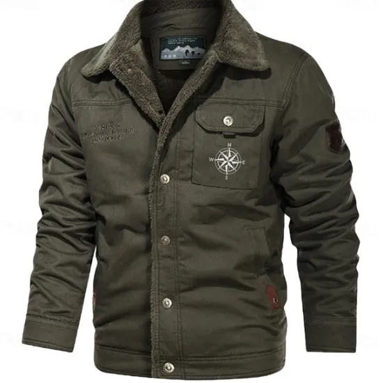 Online OUKU Men's Compass Print Embroidered Fleece Jacket Sherpa Trucker Jacket Work Cargo Jacket Turn-Down Collar Warm Winter Cotton Jacket Vintage Casual Going Out Coat Multi-Pockets