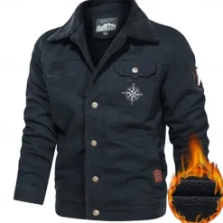 Online OUKU Men's Compass Print Embroidered Fleece Jacket Sherpa Trucker Jacket Work Cargo Jacket Turn-Down Collar Warm Winter Cotton Jacket Vintage Casual Going Out Coat Multi-Pockets