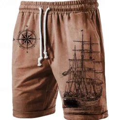Best OUKU Men's Compass Sailboat Sweat Shorts Beach Shorts Terry Shorts Mid Waist Casual Athleisure Daily Holiday Streetwear Drawstring Elastic Waist 3D Print Designer Clothing Apparel