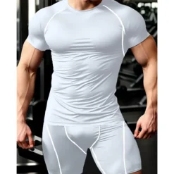 Outlet OUKU Men's Compression Tops Shorts and T Shirt Set Sports T-Shirt Crew Neck Short Sleeve Outdoor Daily Running Gym Fast Dry Breathable 2 Piece Plain Black White Activewear Sport Casual